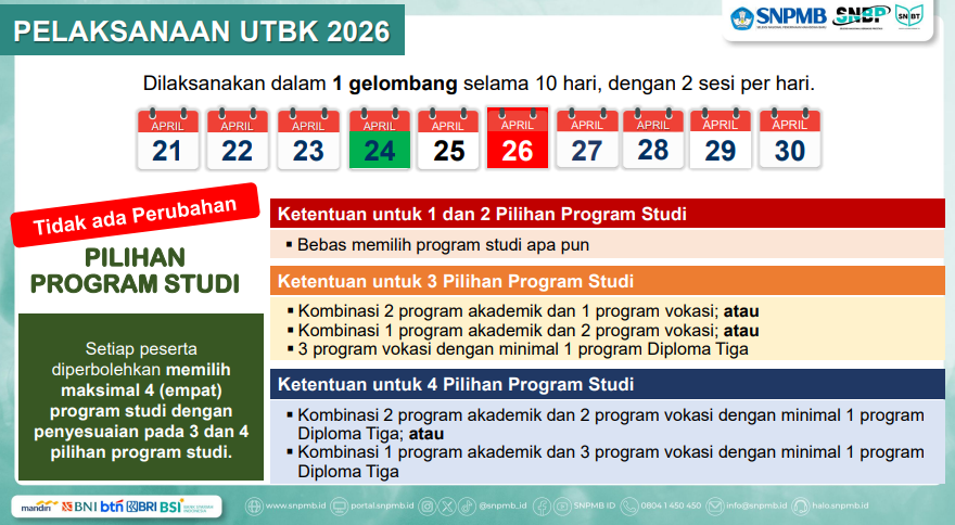 Tanggal penting UTBK SNBT 2026 yang berisi jadwal registrasi akun, pendaftaran UTBK, pembayaran biaya UTBK, pelaksanaan UTBK, pengumuman SNBT, dan masa unduh sertifikat.
